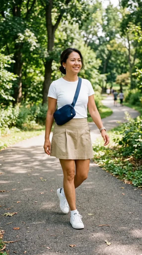 Apple-shaped woman in a khaki pleated sort and white tee, a comfy spring outfit that prevents thigh rub