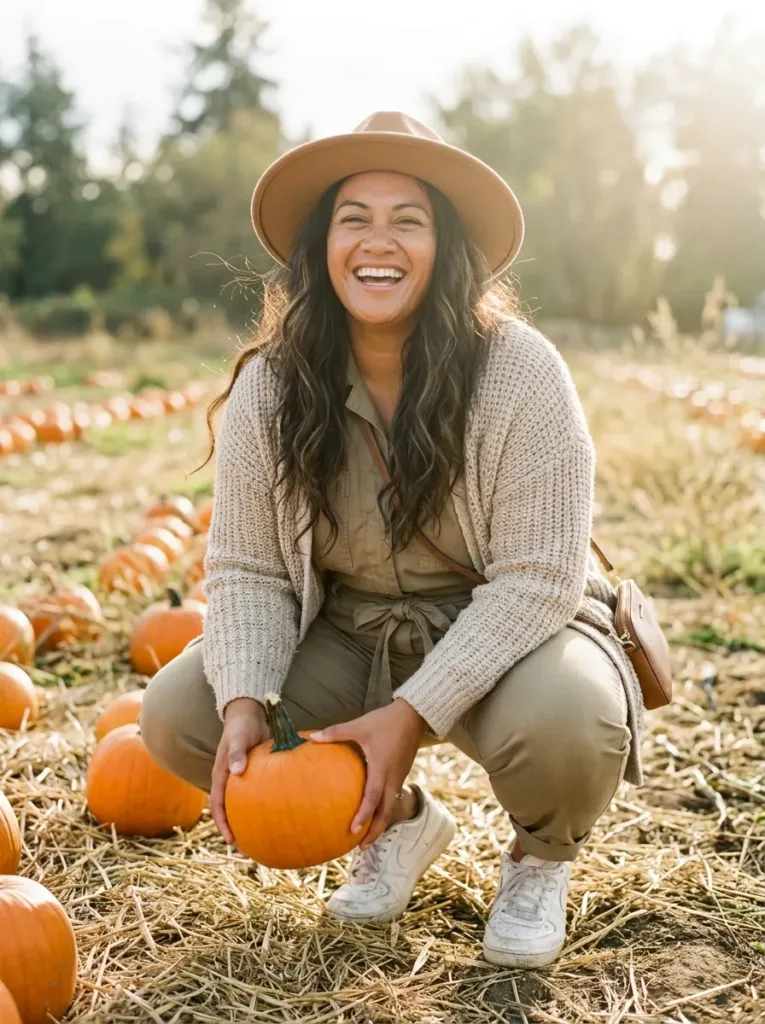 Plus size khaki utility jumpsuit with a chunky cardigan for a pumpkin patch day