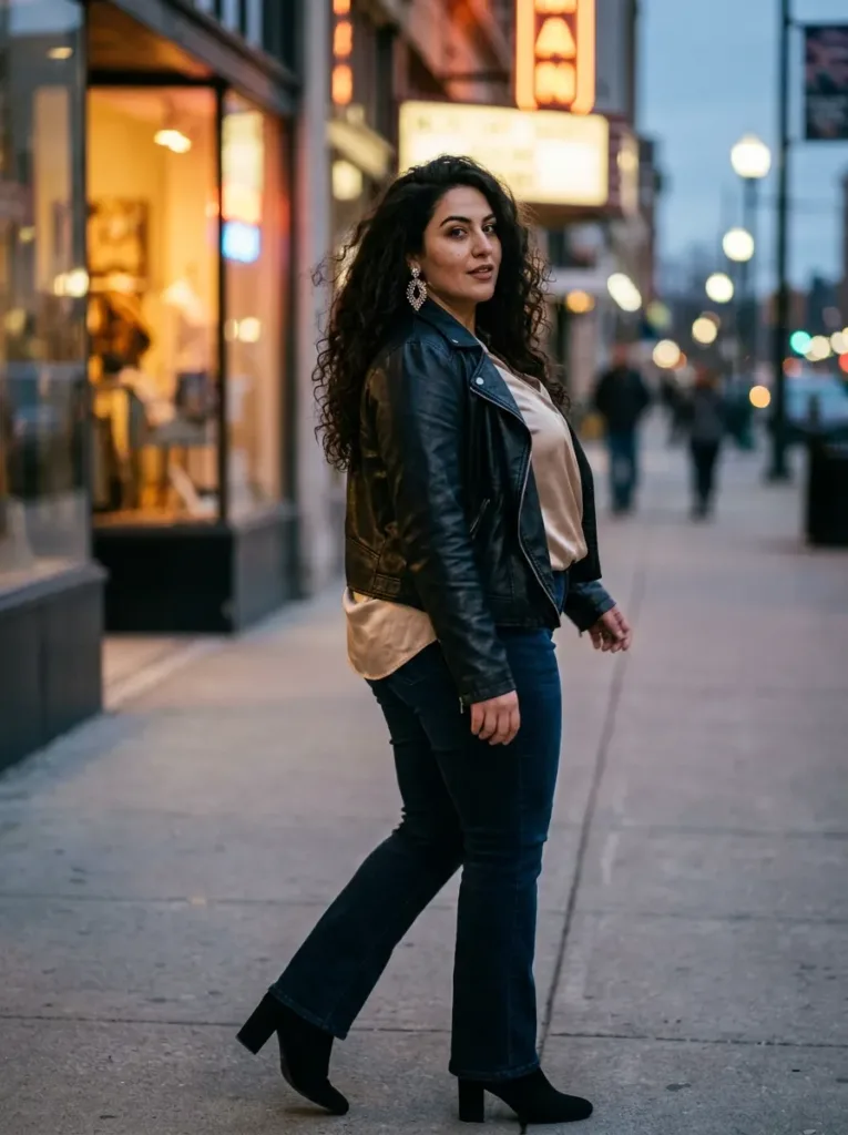 10 Classy Autumn Outfits Women Love to Wear 11 Woman in a black leather jacket, champagne blouse and bootcut jeans, classy autumn outfit at night