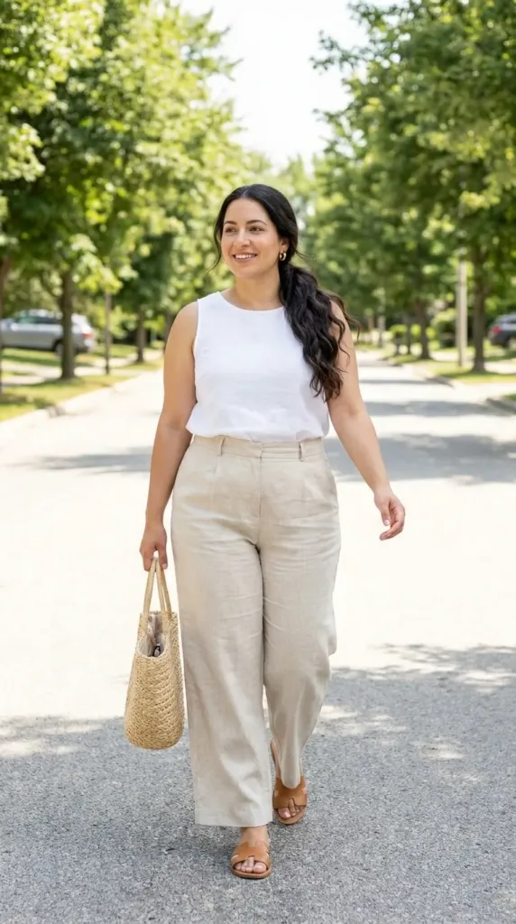Woman in white linen shell and beige wide-leg linen pants with straw tote and slide sandals