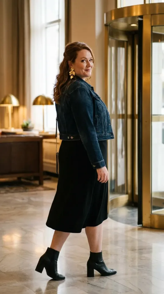 Plus-size woman in black wrap dress and denim jacket ready for a Justin Timberlake concert