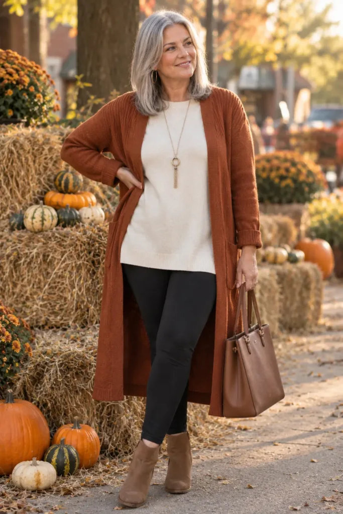 10 Amazing Pumpkin Patch Outfits for Women Over 50 8 Woman over 50 in long cardigan