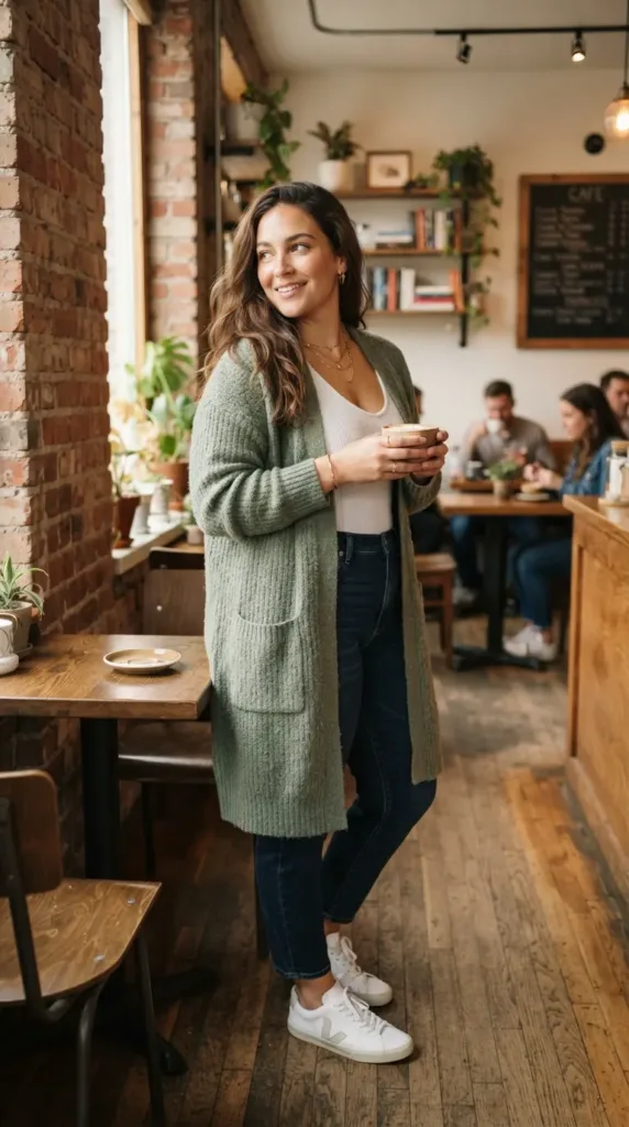 Plus size casual outfit with sage long cardigan, white tank, and dark tapered jeans