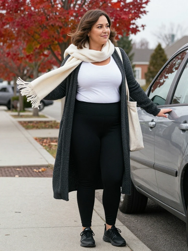 Woman in a long charcoal cardigan, white tee and leggings wearing a comfy simple autumn outfit