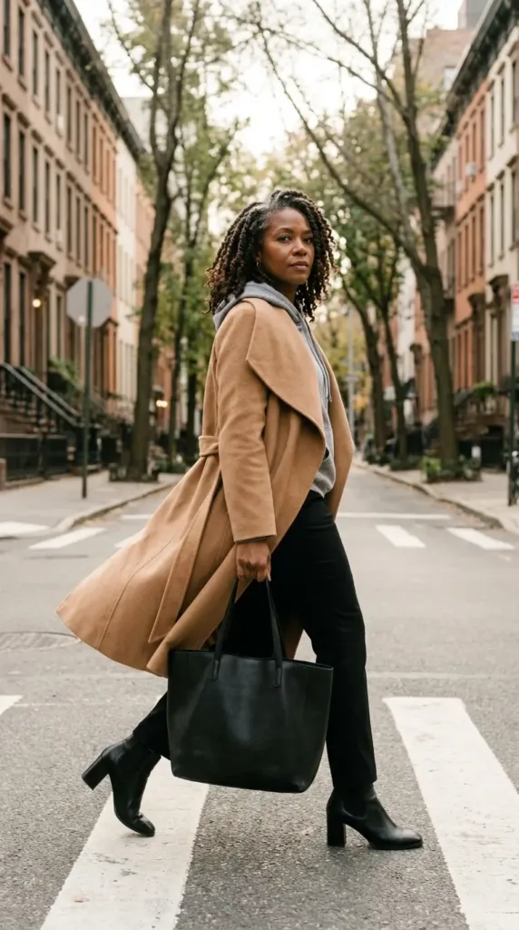 10 Hoodie Outfits for Weekend Errands and Coffee Dates 4 Woman wearing a camel wool coat over a charcoal hoodie with black trousers and ankle boots on a city street