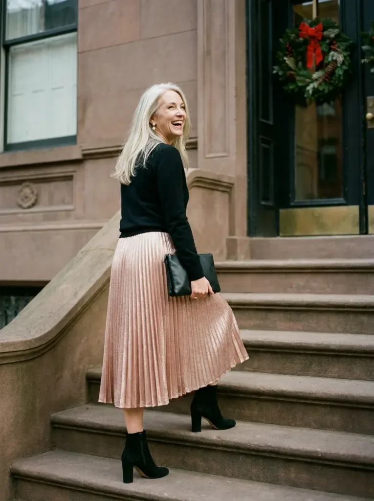 Woman over 50 in a rose-gold pleated skirt and black cashmere sweater at a winter evening party