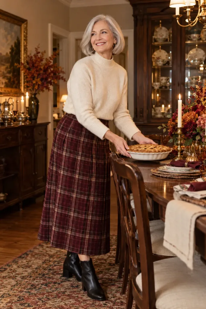 Thanksgiving Sweater Outfits for Women Over 50 That Feel Cozy 10 Mock neck sweater and plaid midi skirt