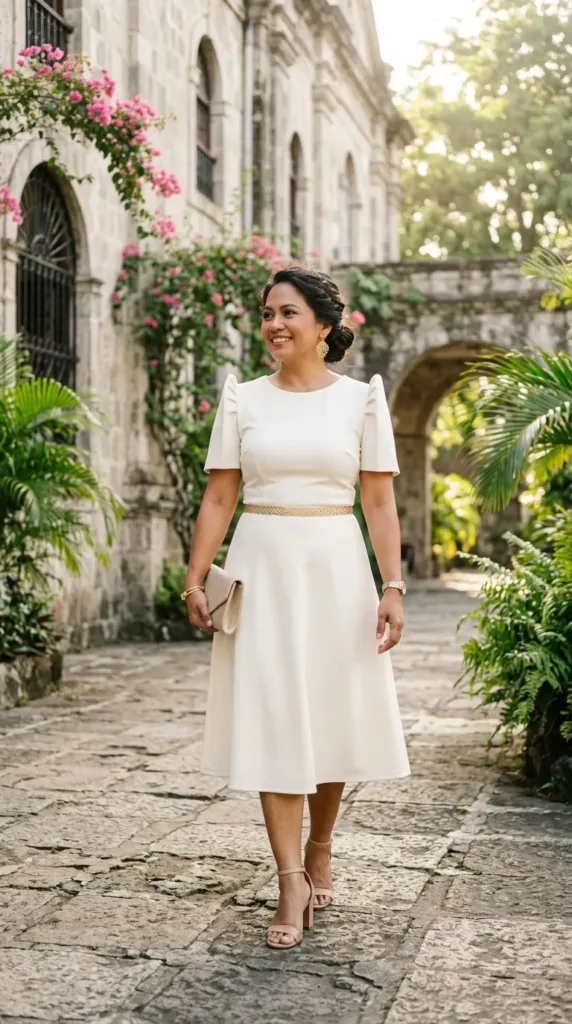 Woman wearing an ivory modern Filipin ion dress with butterfly sleeves and a gold belt at a wedding