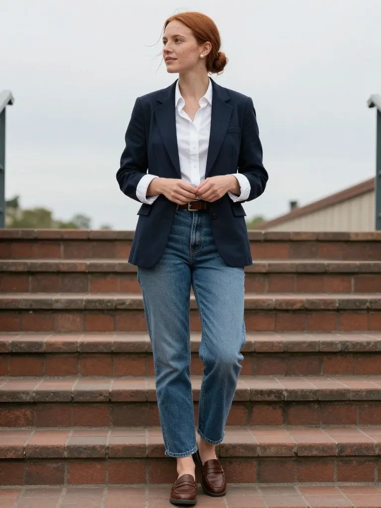 10 Classy Autumn Outfits Women Love to Wear 4 Woman in a navy blazer, white shirt and straight jeans with loafers, an autumn outfit