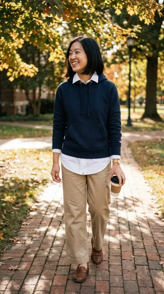 10 Hoodie Outfits for Weekend Errands and Coffee Dates 6 Woman in a navy hoodie layered over a white collared shirt with khaki wide-leg pants and loafers on campus