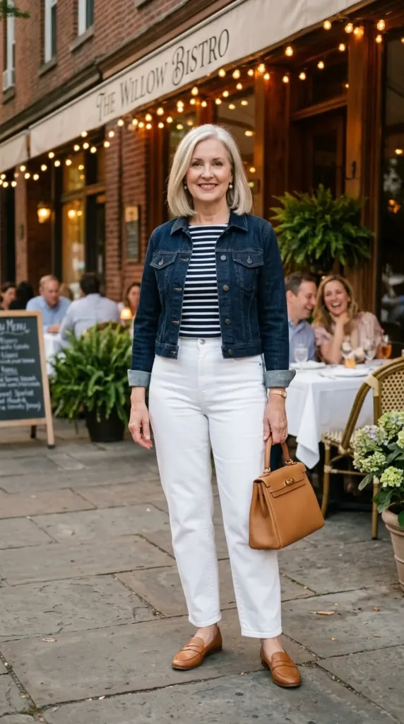 Woman in cropped dark denim jacket, striped tee, and white barrel jeans with tan loafers