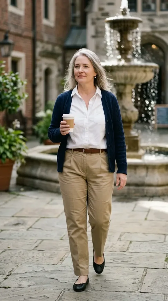 10 Coffee Date Outfit Formulas You Can Copy Today 7 Woman in khaki trousers, white button-down and navy cardigan at a courtyard fountain