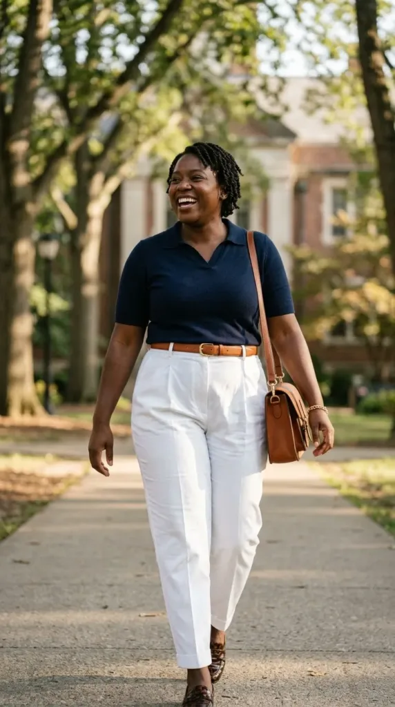 Curvy woman in white pleated trousers, navy knit polo and loafers on a campus path