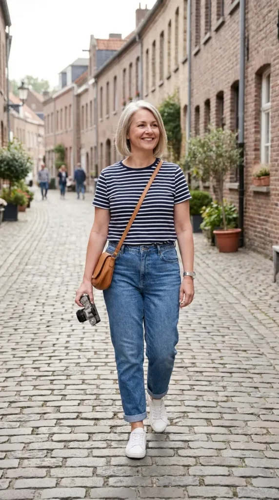 Woman in cuffed mom travel jeans and navy striped tee walking down a historic cobblestone street