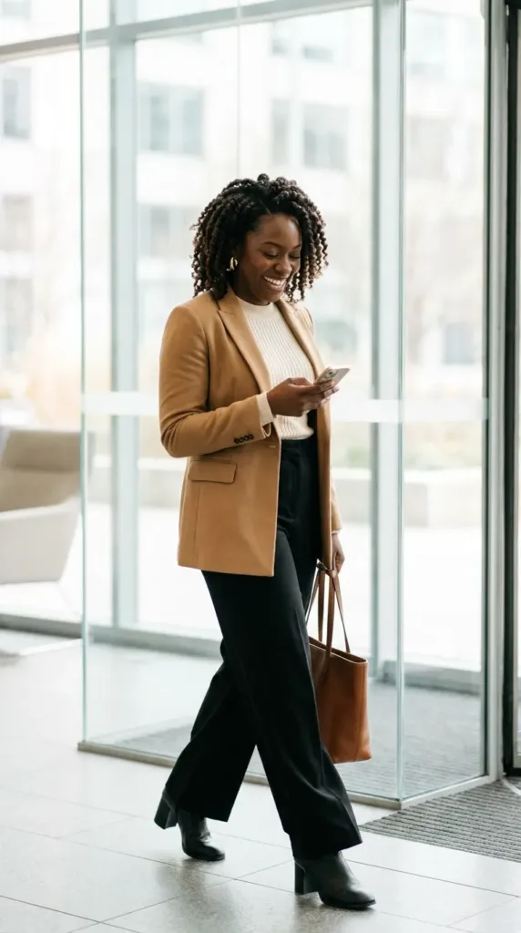 10 Fall Capsule Outfits for Midsize and Plus-Size Women 2 Curvy woman in camel blazer, cream sweater and black wide-leg trousers, a fall capsule wardrobe office outfit