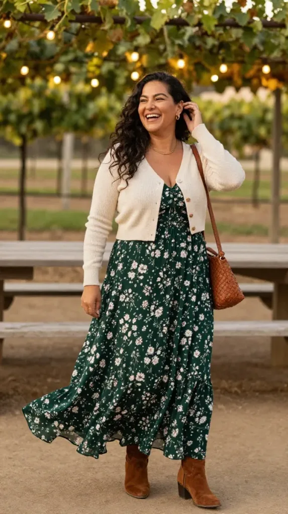 10 Fall Dinner Outfit Ideas for Curvy Women 10 Curvy woman in a floral maxi dress and cardigan, a romantic fall dinner outfit for a winery