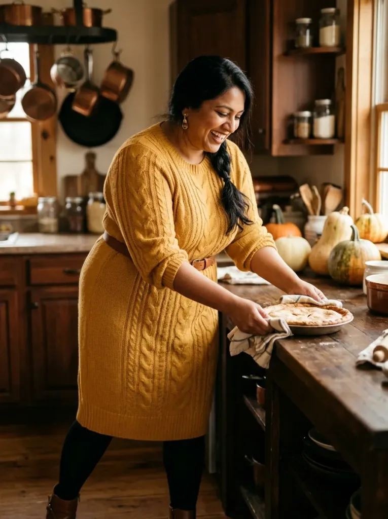 Plus size mustard cable-knit sweater dress with tights and boots for a Thanksgiving dinner