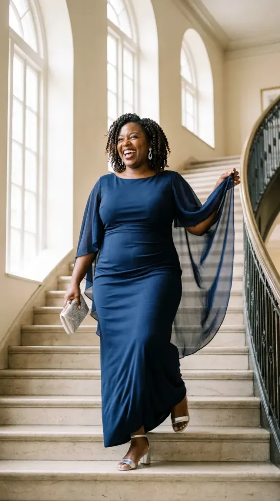 Curvy woman in a navy satin-crepe column gown with cape sleeves, a black-tie wedding guest gown with silver accents