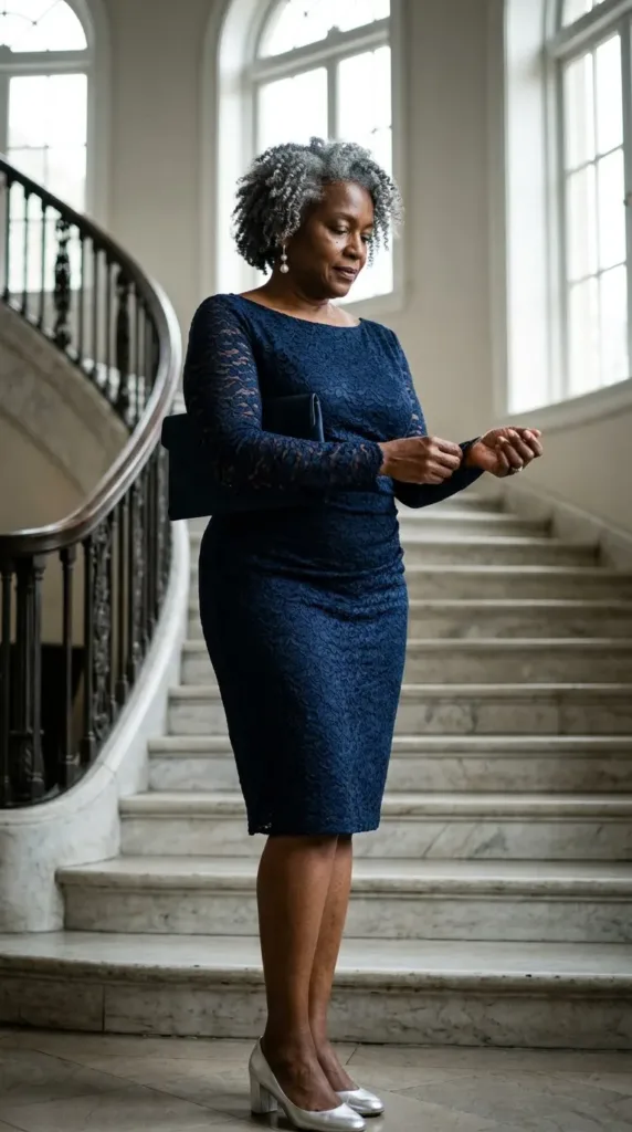 Over 50 woman wearing a navy lace sheath cocktail dress with sleeves and silver pumps