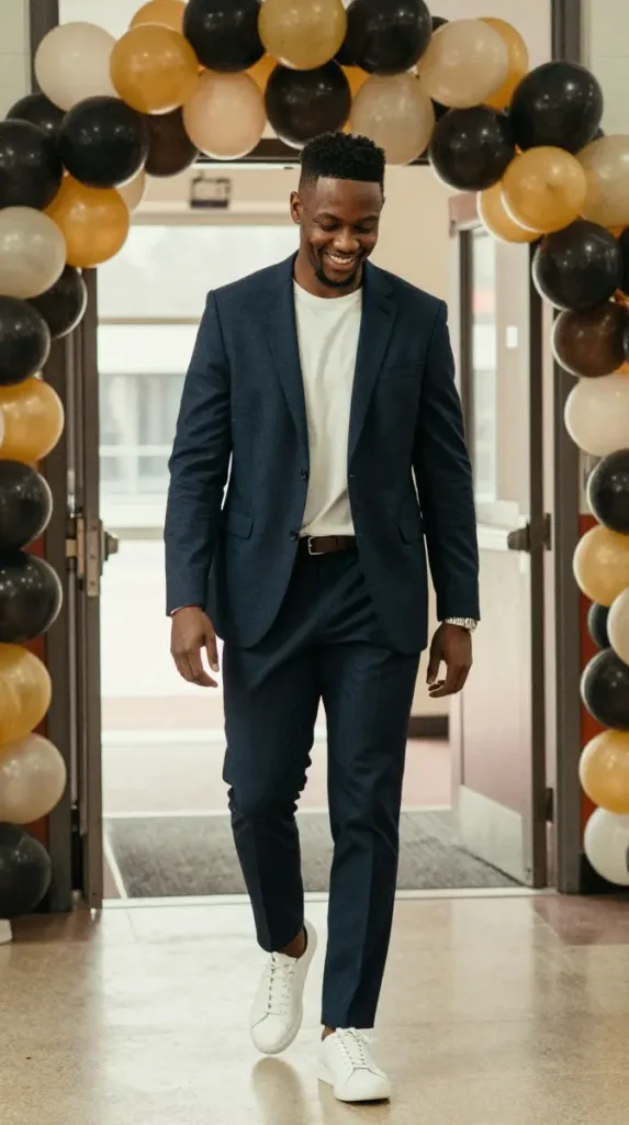 Man wearing a navy suit with white tee and sneakers, a casual hoco outfit for men