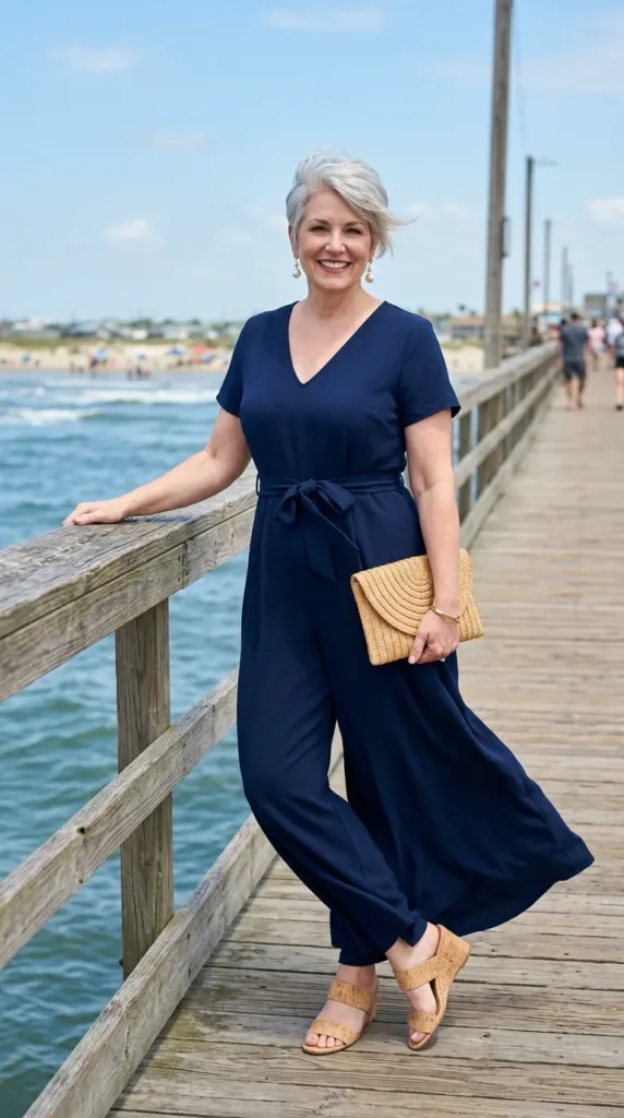 Tall curvy woman in navy wide-leg jumpsuit, a windproof mother of the groom beach wedding look