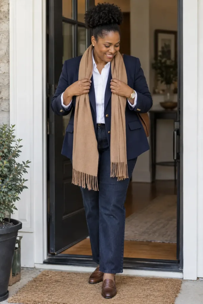 Navy blazer and camel scarf fall outfit