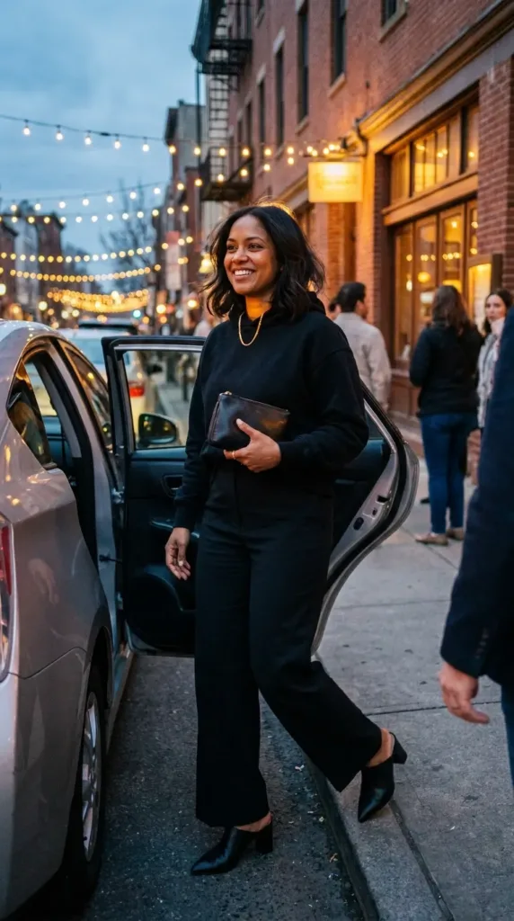 10 Hoodie Outfits for Weekend Errands and Coffee Dates 11 Woman in a black hoodie, tailored wide-leg trousers and heeled mules with a gold necklace outside a restaurant