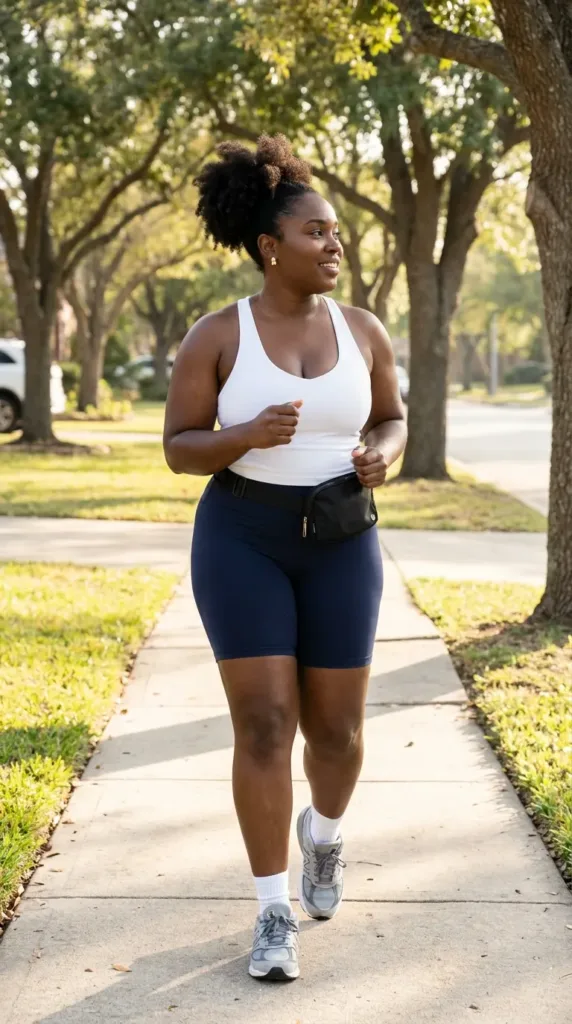 Plus size woman in navy bike shorts and white tank, one of the best plus size gym outfits for running