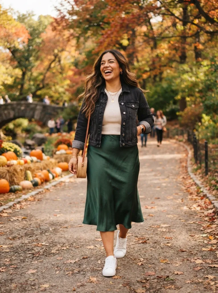 Plus Size Autumn Outfits Women Will Actually Wear (10 Looks) 3 Curvy fall outfit with forest green midi skirt, cream tee, cropped denim jacket, and white sneakers