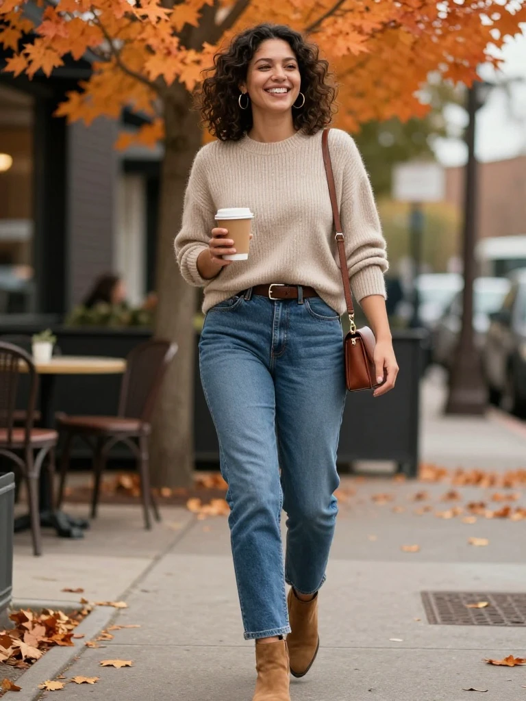 Woman wearing an oatmeal sweater, straight-leg jeans and suede ankle boots in a simple autumn outfit