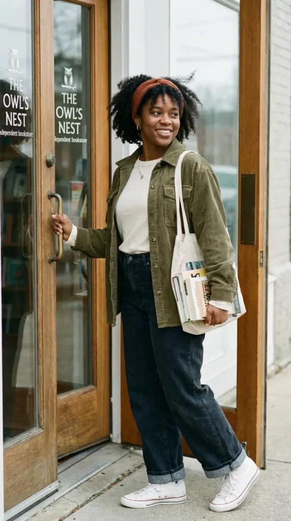 Plus-size woman wearing an olive corduroy shacket with wide-leg jeans and white sneakers