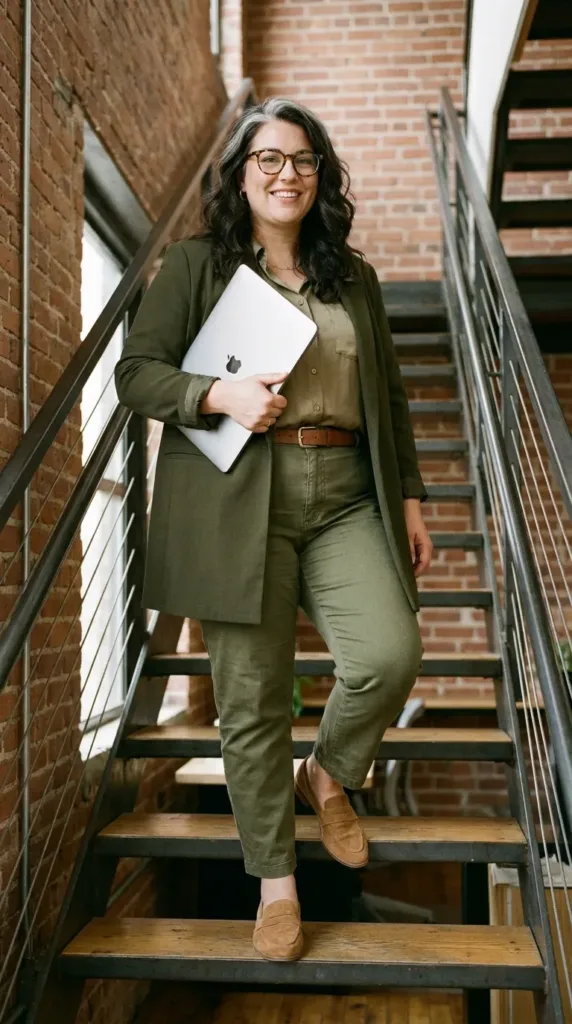 Olive monochrome work outfit with a longline blazer and suede loafers on a woman over 50