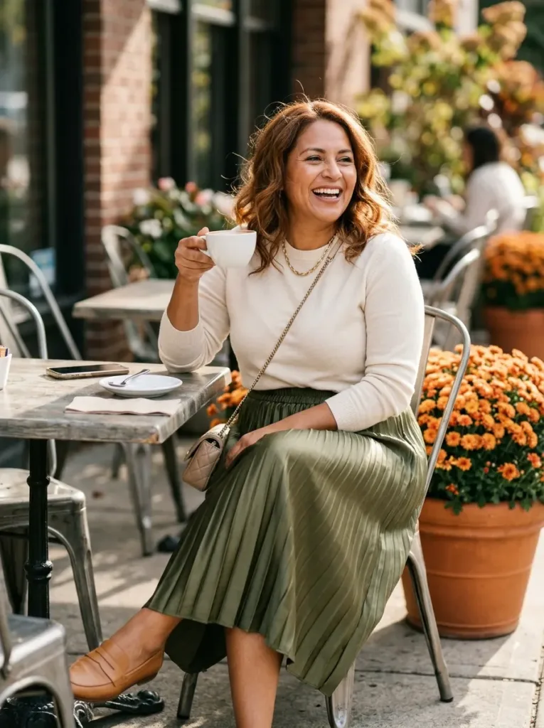 Plus size olive pleated midi skirt with a cream sweater and loafers for a fall brunch