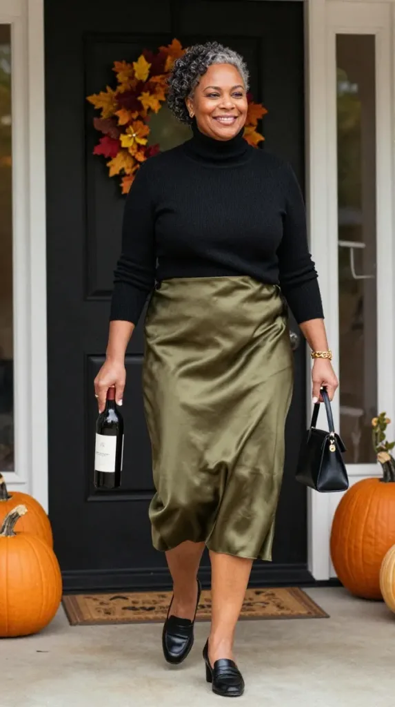 10 Fall Dinner Outfit Ideas for Curvy Women 6 Curvy woman in an olive satin skirt and black turtleneck, a fall dinner party outfit