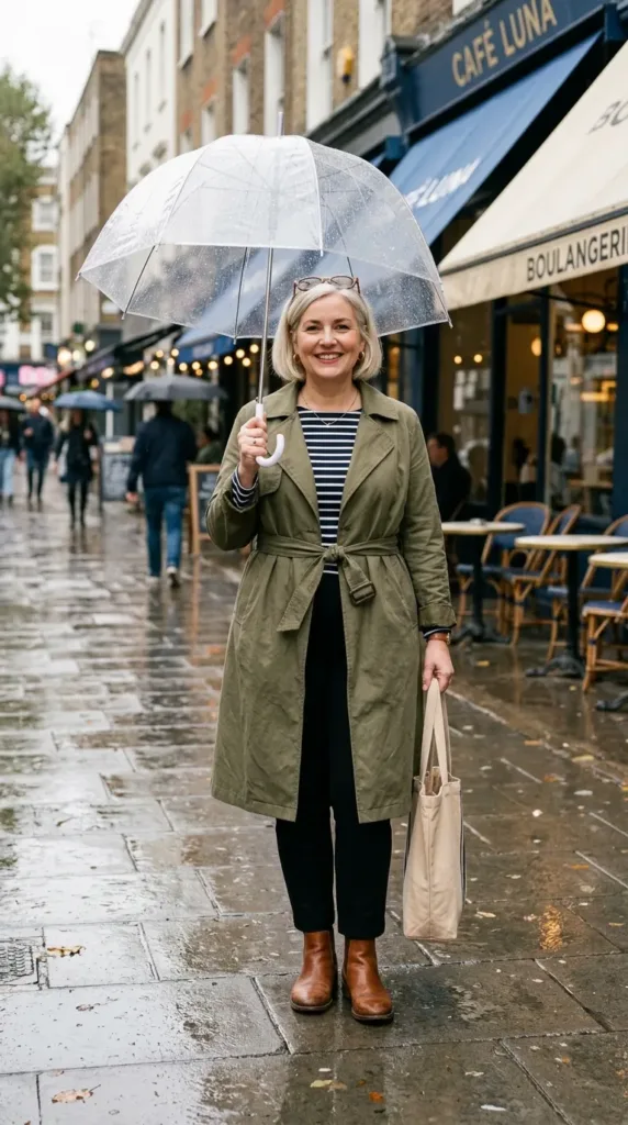 Plus-size woman in an olive belted trench and striped tee, a rainy-day spring outfit with boots