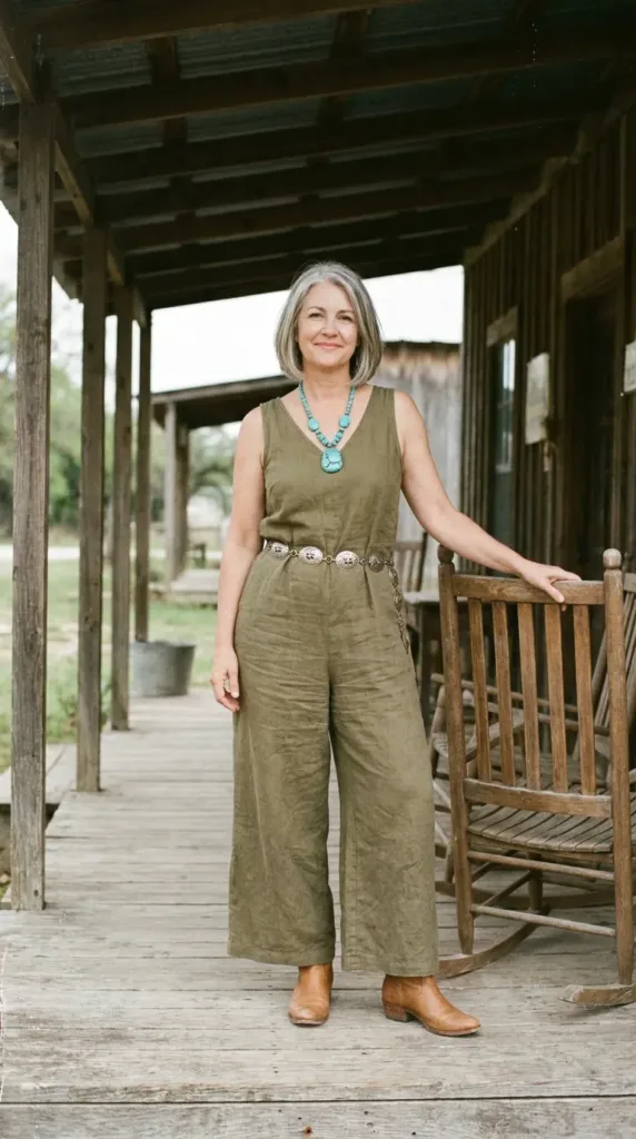 Plus-size woman in an olive wide-leg jumpsuit with a Concho belt and boots, a Boho western road trip outfit