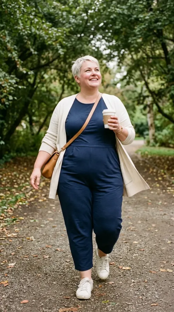 10 Coffee Date Outfit Formulas You Can Copy Today 11 Woman in navy knit jumpsuit and cream cardigan walking through a park with coffee