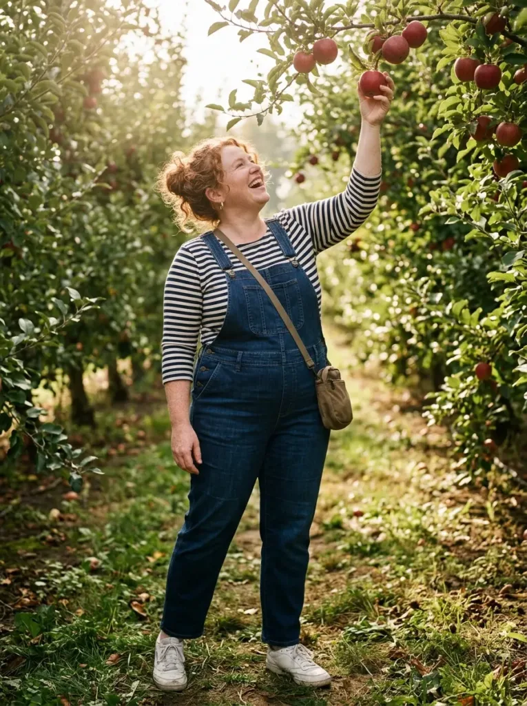 10 Early Fall Outfits for Curvy Women in Mixed Weather 8 Plus size dark indigo overalls with a striped tee and sneakers for an apple orchard day