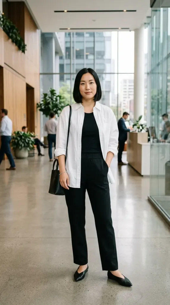Athletic-curvy woman in oversized white poplin shirt and black pull-on trousers, relaxed spring office outfit