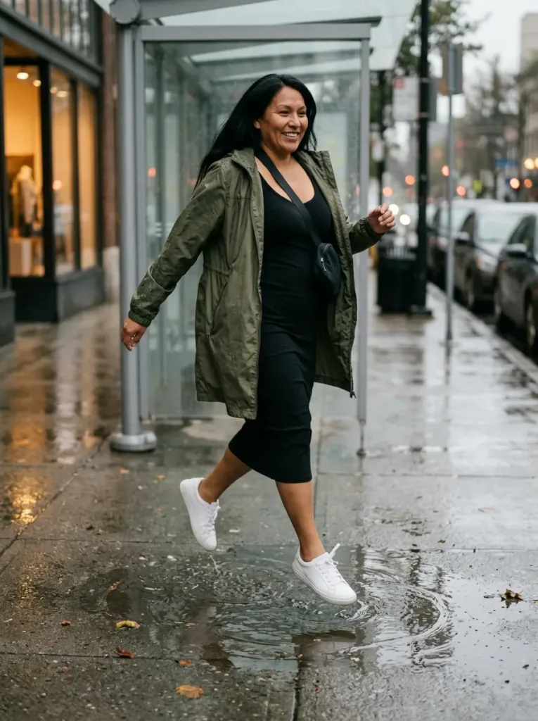 10 Early Fall Outfits for Curvy Women in Mixed Weather 9 Plus size black ribbed midi dress with an olive packable rain jacket for a rainy early fall day