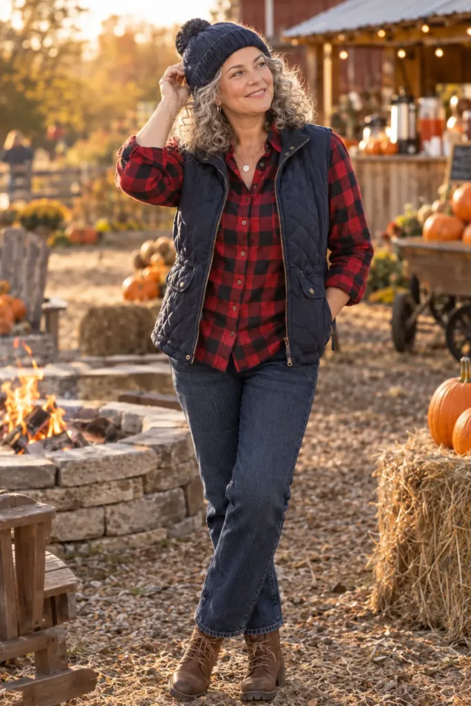 10 Amazing Pumpkin Patch Outfits for Women Over 50 5 Woman over 50 in plaid shirt