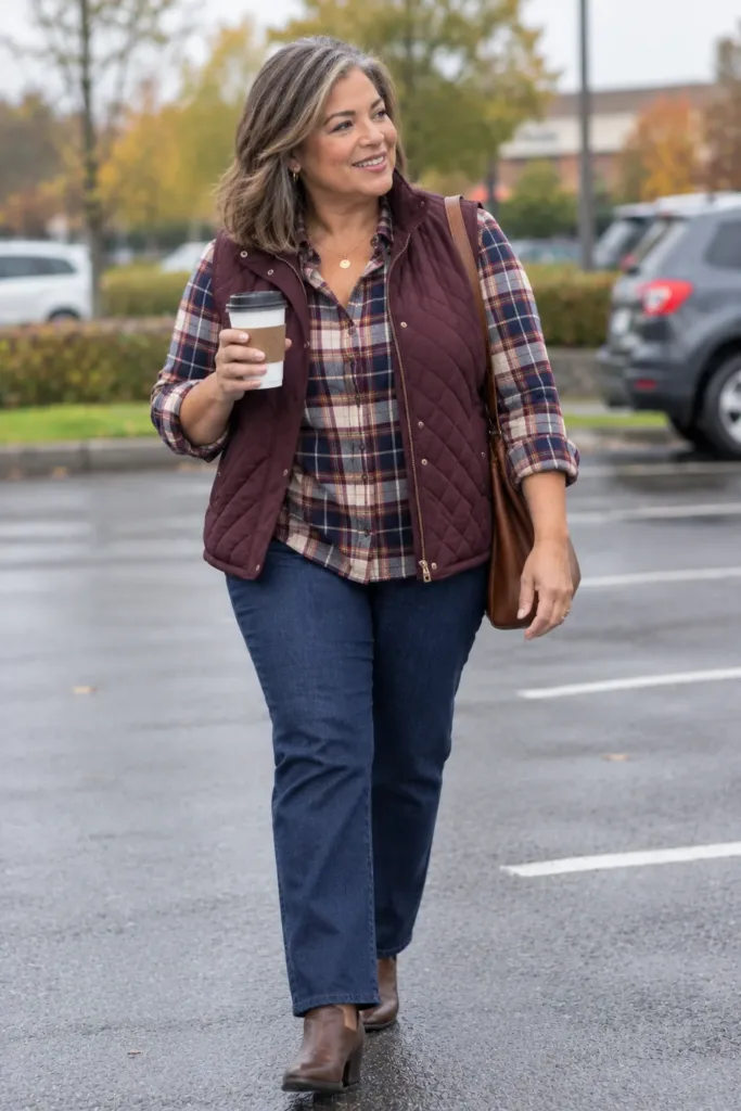 Warm and Polished Winter Work Outfit Ideas for Women Over 50 9 Plaid shirt and quilted vest casual winter