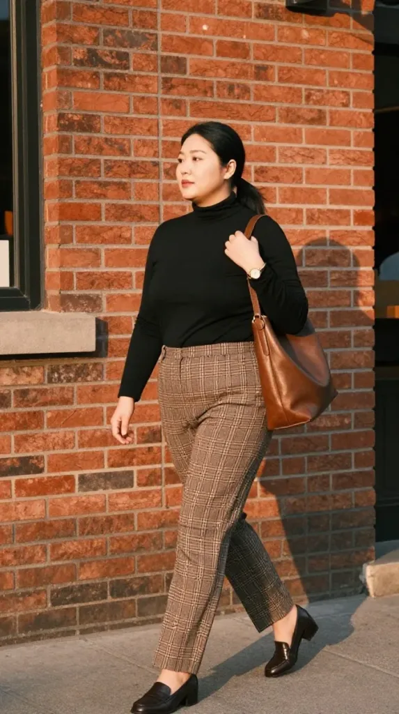 10 Fall Dinner Outfit Ideas for Curvy Women 9 Woman in plaid trousers and a black turtleneck, a modern preppy fall dinner outfit