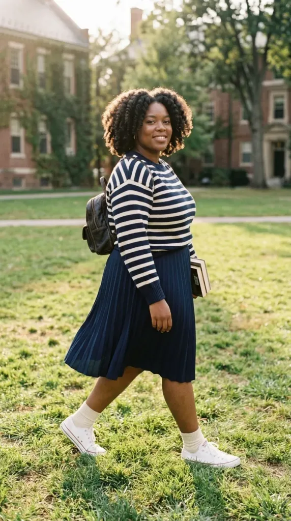 Woman in navy pleated skirt, striped knit sweater and white low-top Converse on a campus lawn