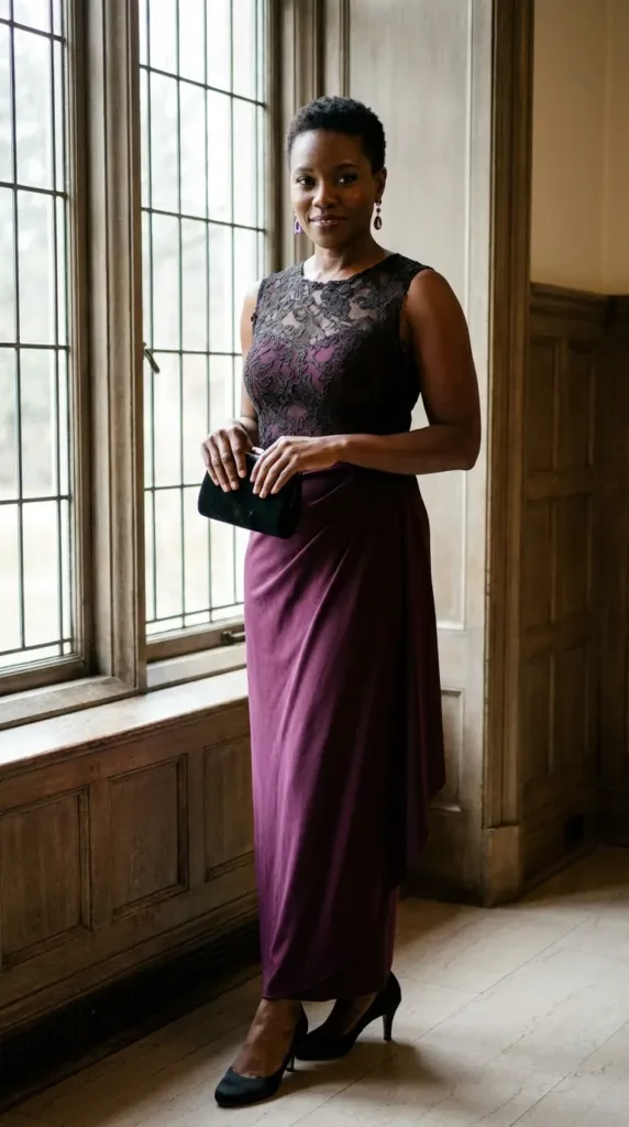 Plus-size woman in a plum lace-overlay formal gown with amethyst earrings in a grand foyer