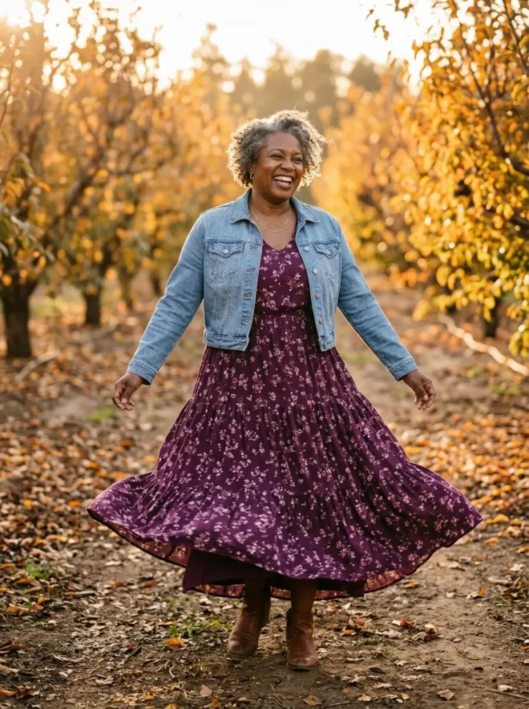 Plus size plum floral tiered maxi dress with a denim jacket for fall family photos