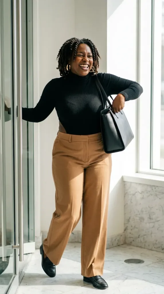 Woman wearing a black turtleneck bodysuit with camel wide-leg trousers and loafers