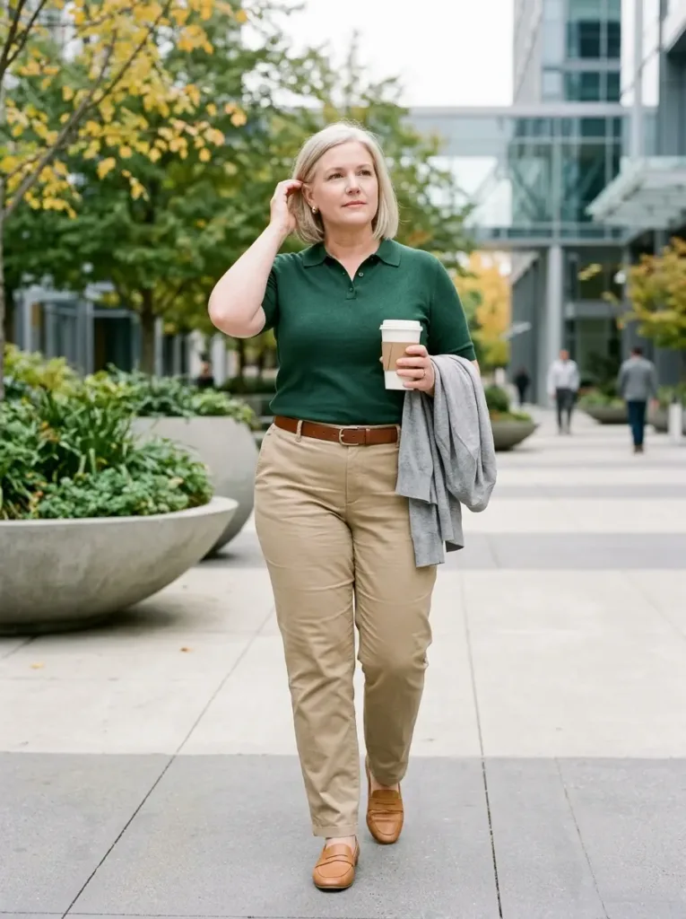 10 Early Fall Outfits for Curvy Women in Mixed Weather 4 Plus size forest green polo with khaki trousers and loafers for an early fall office day