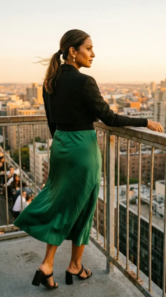 Woman in emerald satin midi skirt and cropped blazer, a dressy concert outfit for dinner and VIP seats
