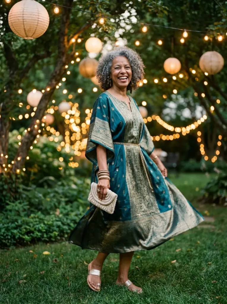 Woman over 50 in a teal and gold silk kaftan maxi at a garden evening party with string lights